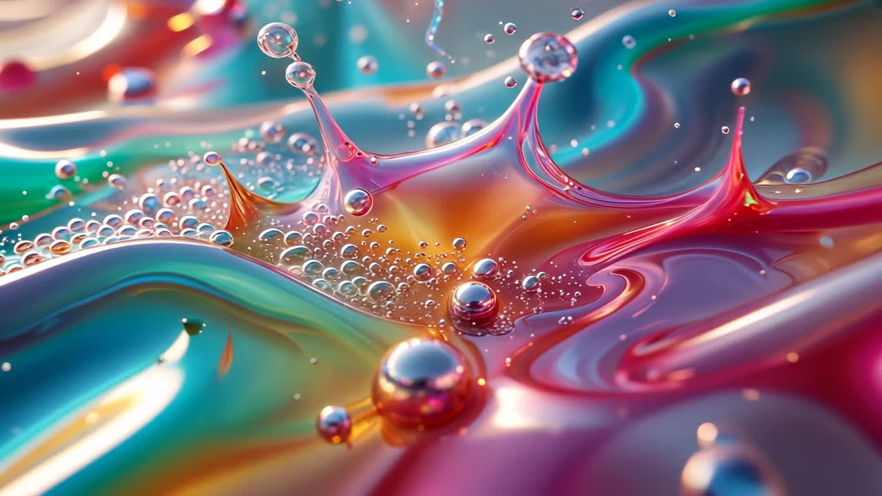 Dynamic Iridescent Liquid Splash with Colorful Bubbles