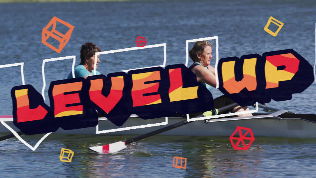 two women rowing scull on calm lake, powering strokes, showing LEVEL UP graphic overlay fitness ads
