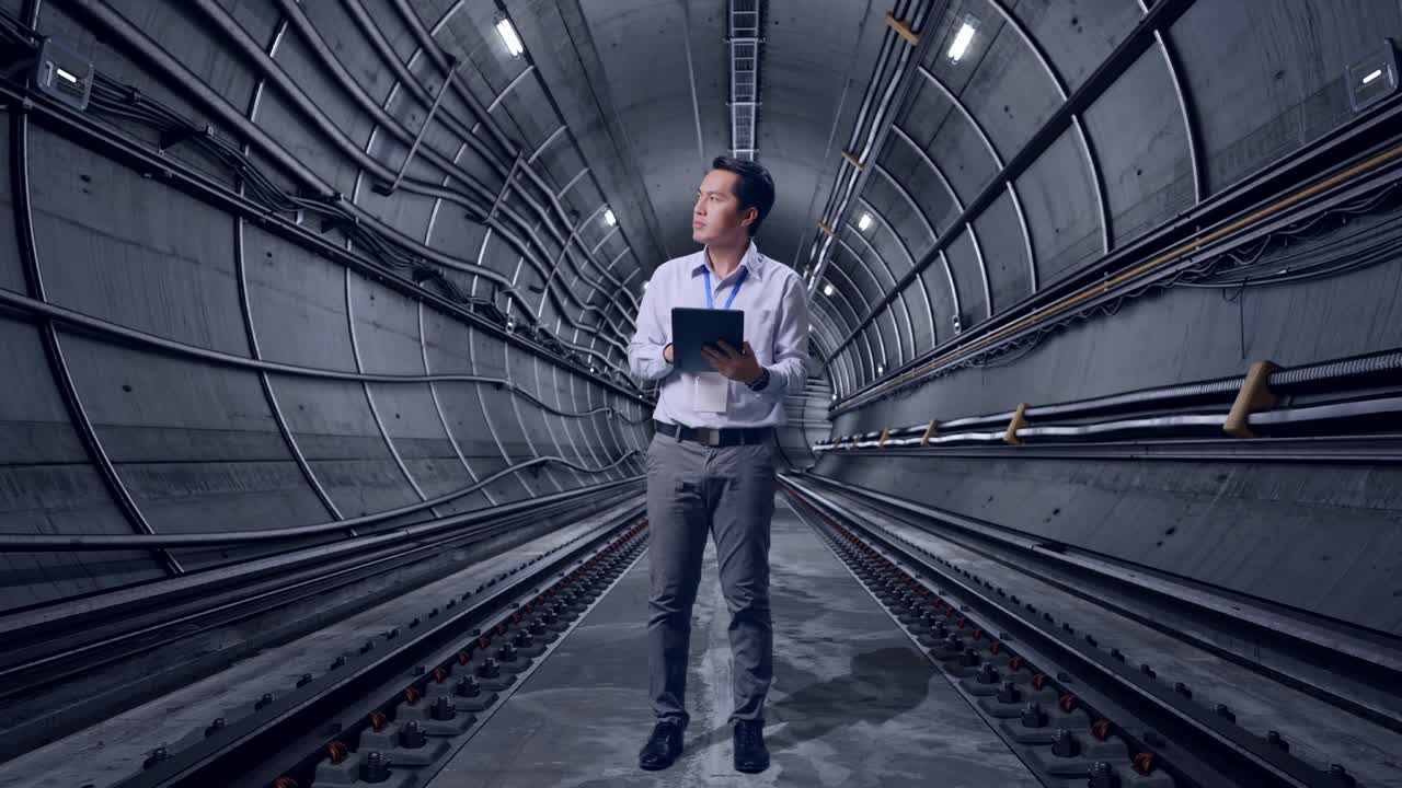 Full Body Side View Of An Asian Male Professional Worker In Underground Subway Tunnel, Observes By Looking Up Before He Come To Concentrating On The Tablet And Keep On Typing