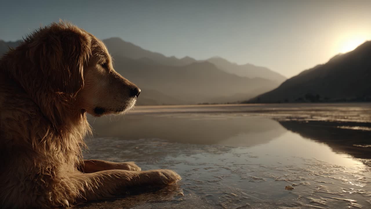 Dağlardaki sakin bir gölde huzurlu gün batımı yansımalarını izleyen Golden Retriever, doğanın güzelliğini ve sadık bir dostla olan bağı yakalıyor