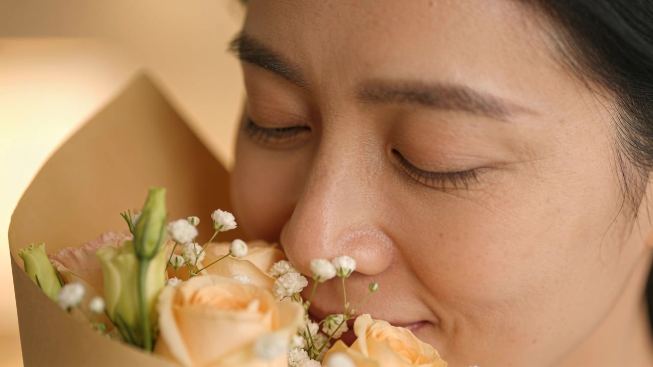 Una donna asiatica porta un bouquet, inala rose color pesca vicino al naso in una stanza illuminata delicatamente, assaporando la fragranza.