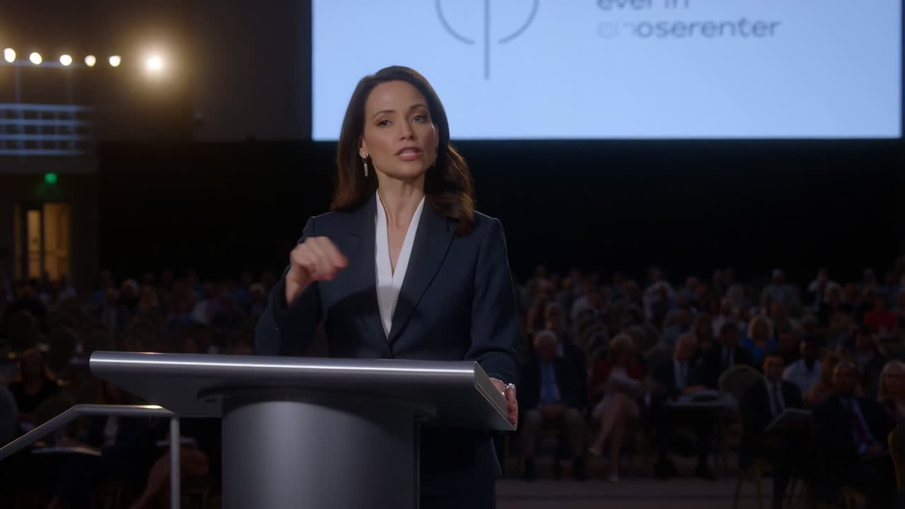 A woman speaking at a podium during a conference presentation