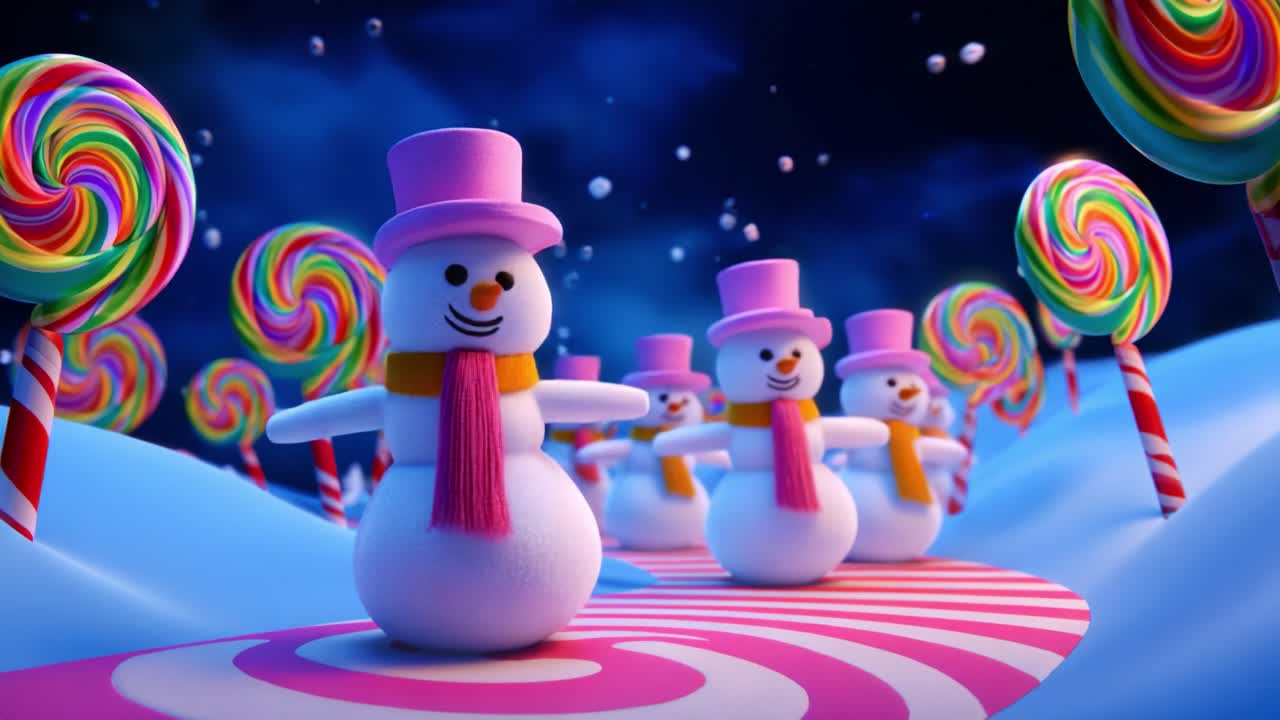 Charming Snowmen Parade Through a Colorful Candy Landscape Surrounded by Lollipop Trees and a Starry Night Sky, Creating a Whimsical Winter Wonderland Experience for All Ages