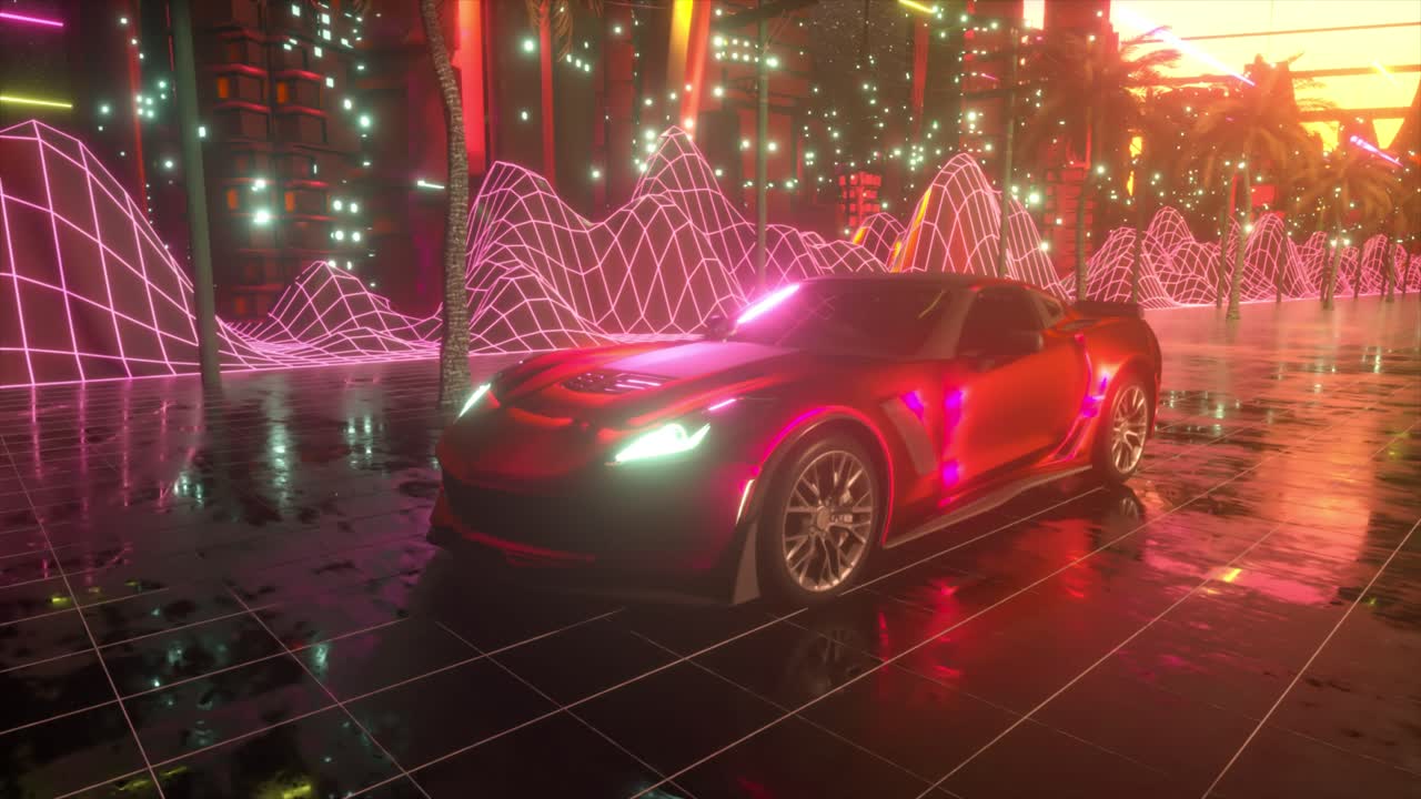 네온 도시 풍경 에 있는 레트로 퓨처스틱 스포츠카