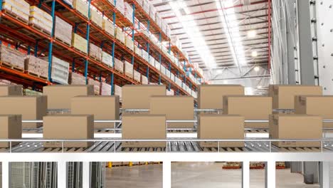 animation of cardboard boxes moving on conveyor belt over packages arranged on shelf in warehouse