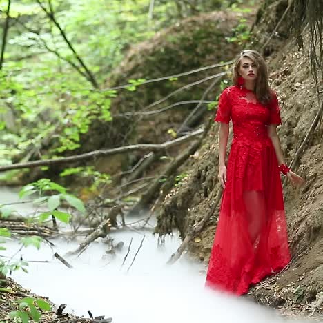 una chica misteriosa caminando por el bosque.