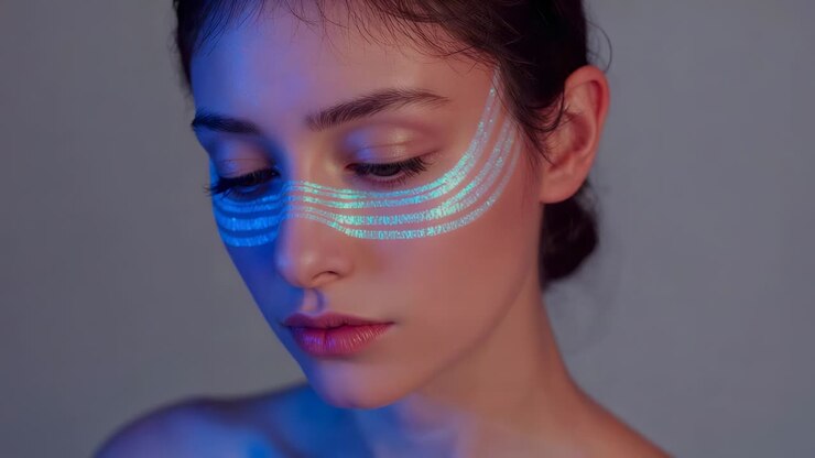 Model receiving cyan curves and pink bars in studio, turning left revealing shifting light patterns