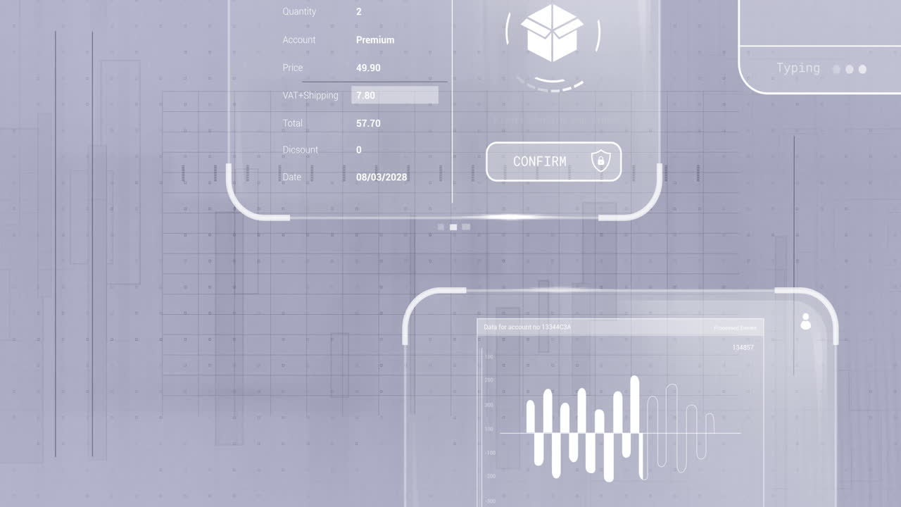 Animation of futuristic screen displaying transaction details and data visualization