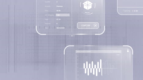 animation of futuristic screen displaying transaction details and data visualization