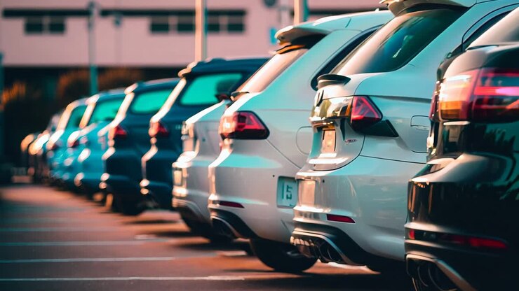 Una fila de coches estacionados en un estacionamiento