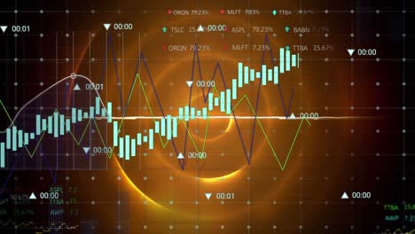 Animación-De-Múltiples-Gráficos-Con-Números-Y-Tablero-De-Operaciones-Sobre-Un-Patrón-De-Cuadrícula-En-Un-Patrón-Circular