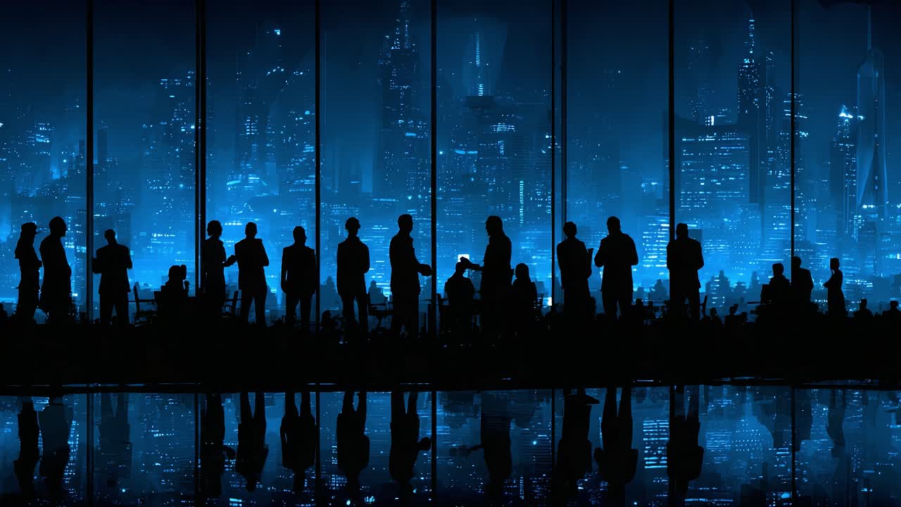 Silhouetted Figures Against a Neon Cityscape: A Serene Evening with an Illuminated Skyline Reflecting in the Ground in a Contemporary Urban Setting