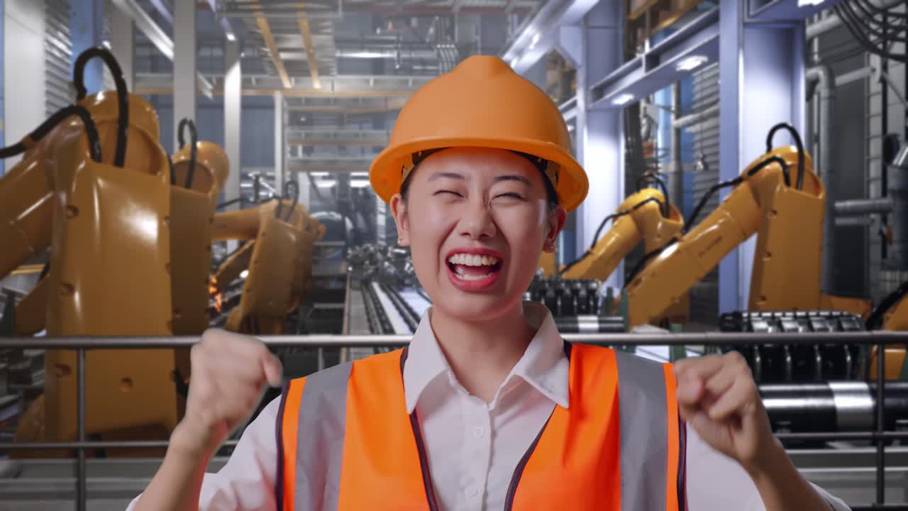 Close Up Of Asian Female Engineer With Safety Helmet Screaming Goal And Dancing Celebrating With Industrial Robotic Arms Working