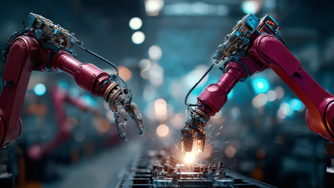 En indviklet interaktion mellem avancerede robotarme i en fabriksindstilling, der viser automatisering og præcision i moderne produktionsprocesser.