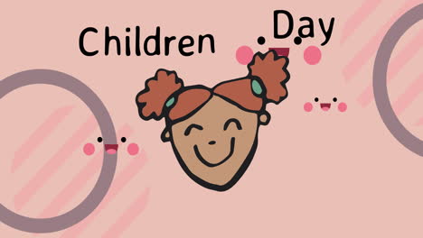 animation of children day text over illustration of happy girl over pattern on pink background