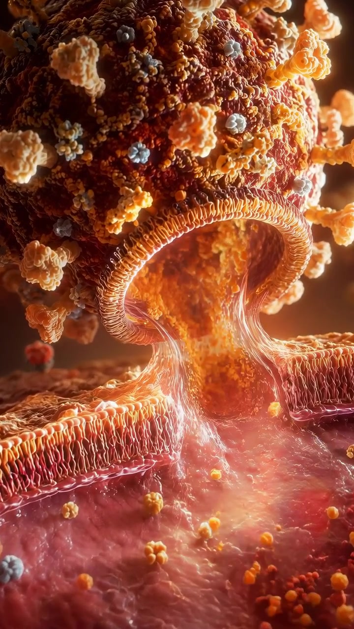 Visione macro estremamente ravvicinata mostra una particella sferica simile a un virus che si attacca alla membrana cellulare, aprendo un poro di fusione e rilasciando denso materiale granulare arancione attraverso un substrato carnoso con ambra calda.