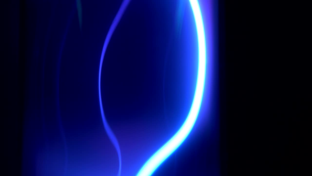 Loop footage of blue neon laser rays that are moving and curving on the black background