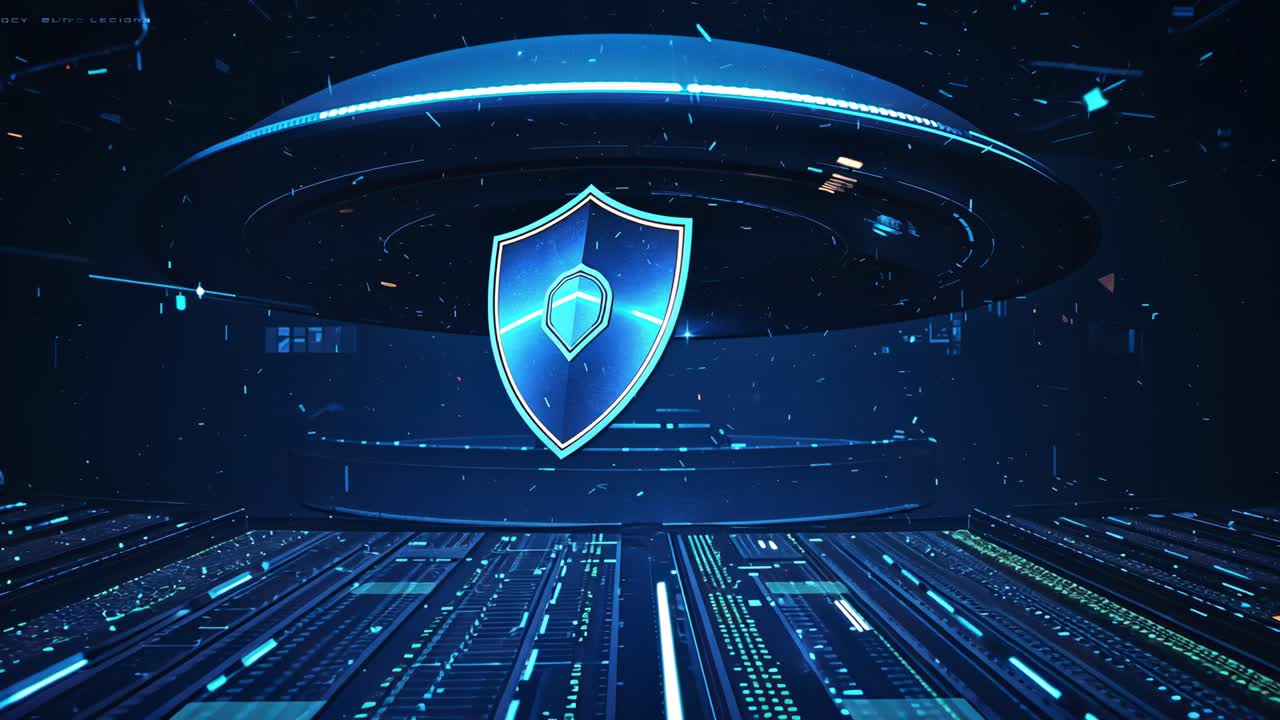 Ring rotating initiating pulsing blue shield emblem floating in data grid with drifting particles