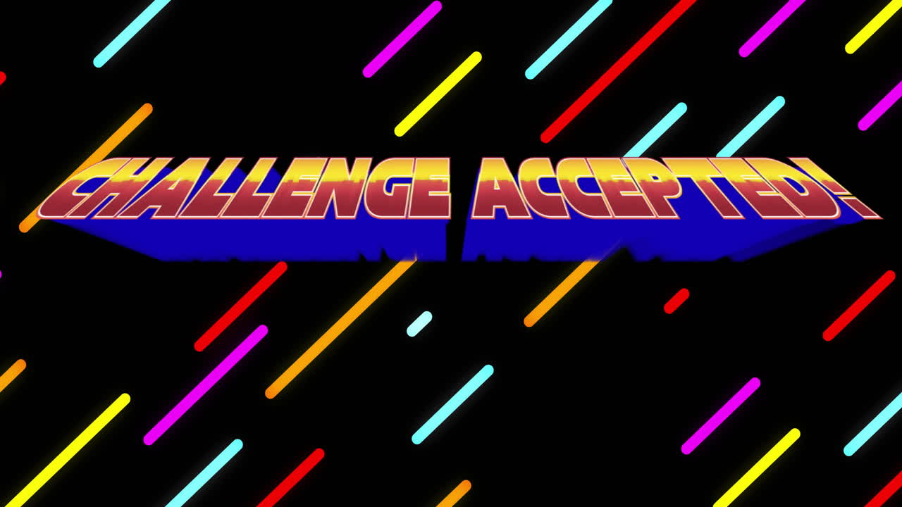 Colorful diagonal lines with Challenge Accepted text on black background animation