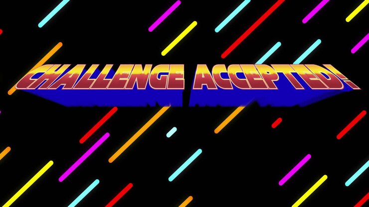 Colorful diagonal lines with Challenge Accepted text on black background animation
