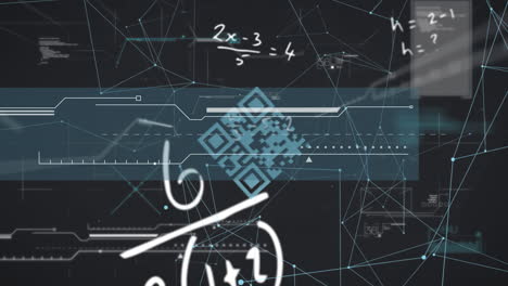 animación de código qr con ecuaciones matemáticas flotantes y conexiones web