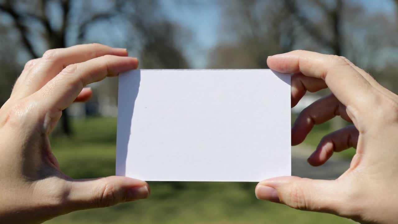 Entrando nell'inquadratura, mani adulte presentano una carta bianca vuota alla telecamera su un prato erboso con alberi sfocati.