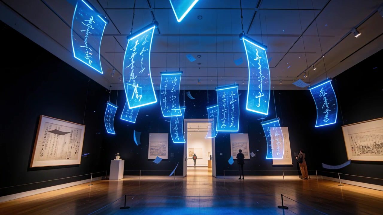 Centering camera hanging artwork, revealing drifting blue script panels in museum, visitors viewing