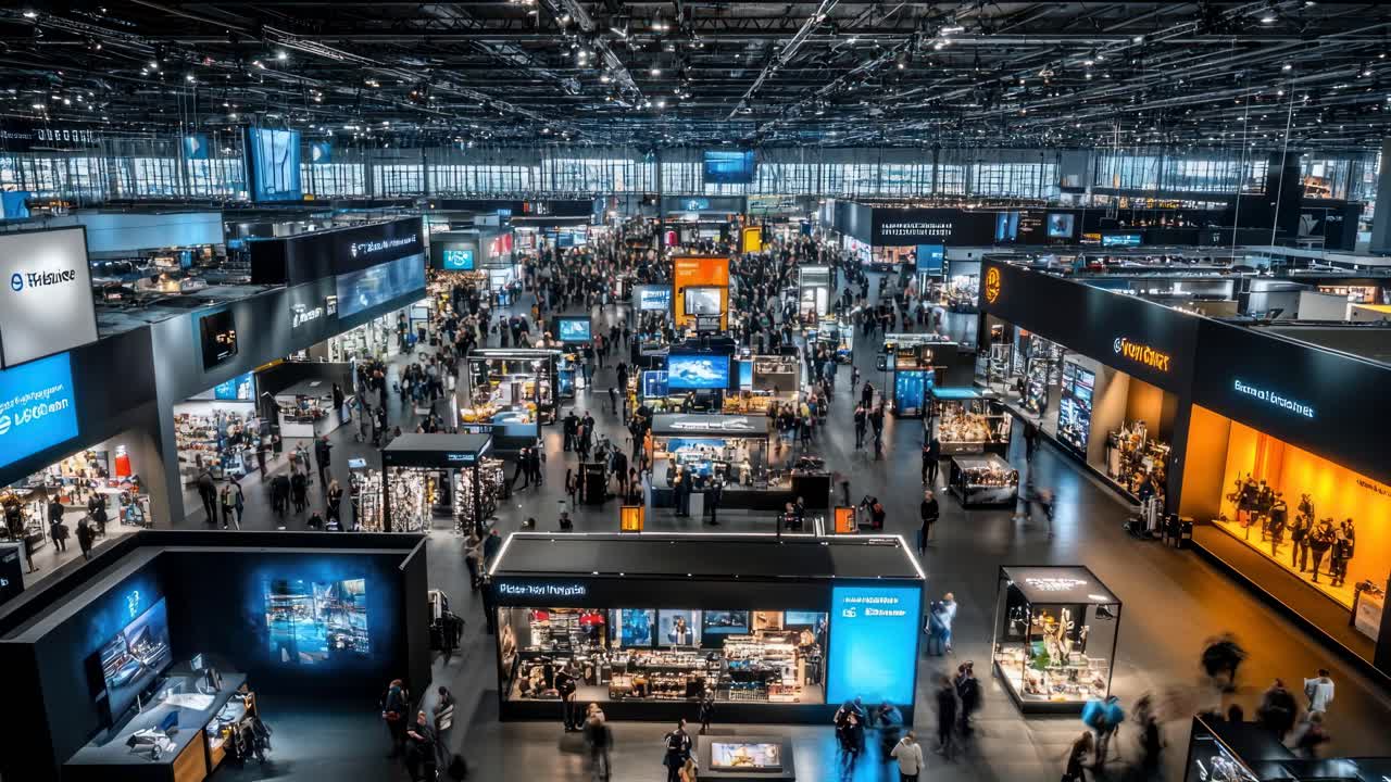 Inquadratura dall'alto di un affollato salone fieristico, che mette in mostra vari stand ed espositori