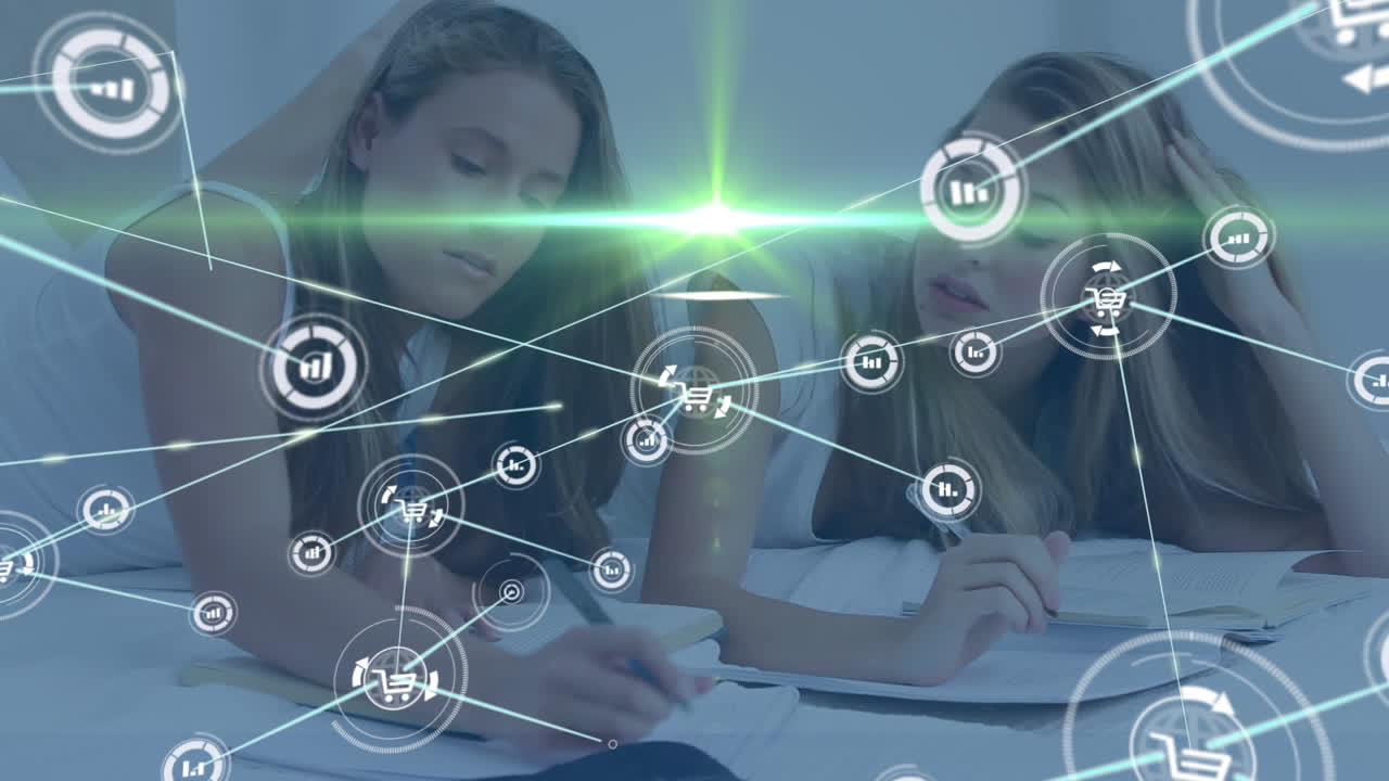 red de conexiones y rastros de luz contra un grupo de estudiantes universitarios que estudian en clase