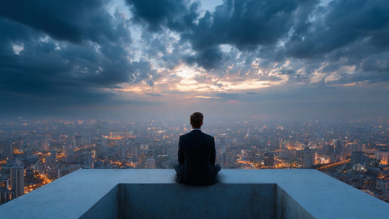 A Thoughtful Reflection: A Man Contemplates Life While Overlooking a Stunning Cityscape at Dusk, Bathed in the Soft Glow of Evening Lights and a Majestic Sky