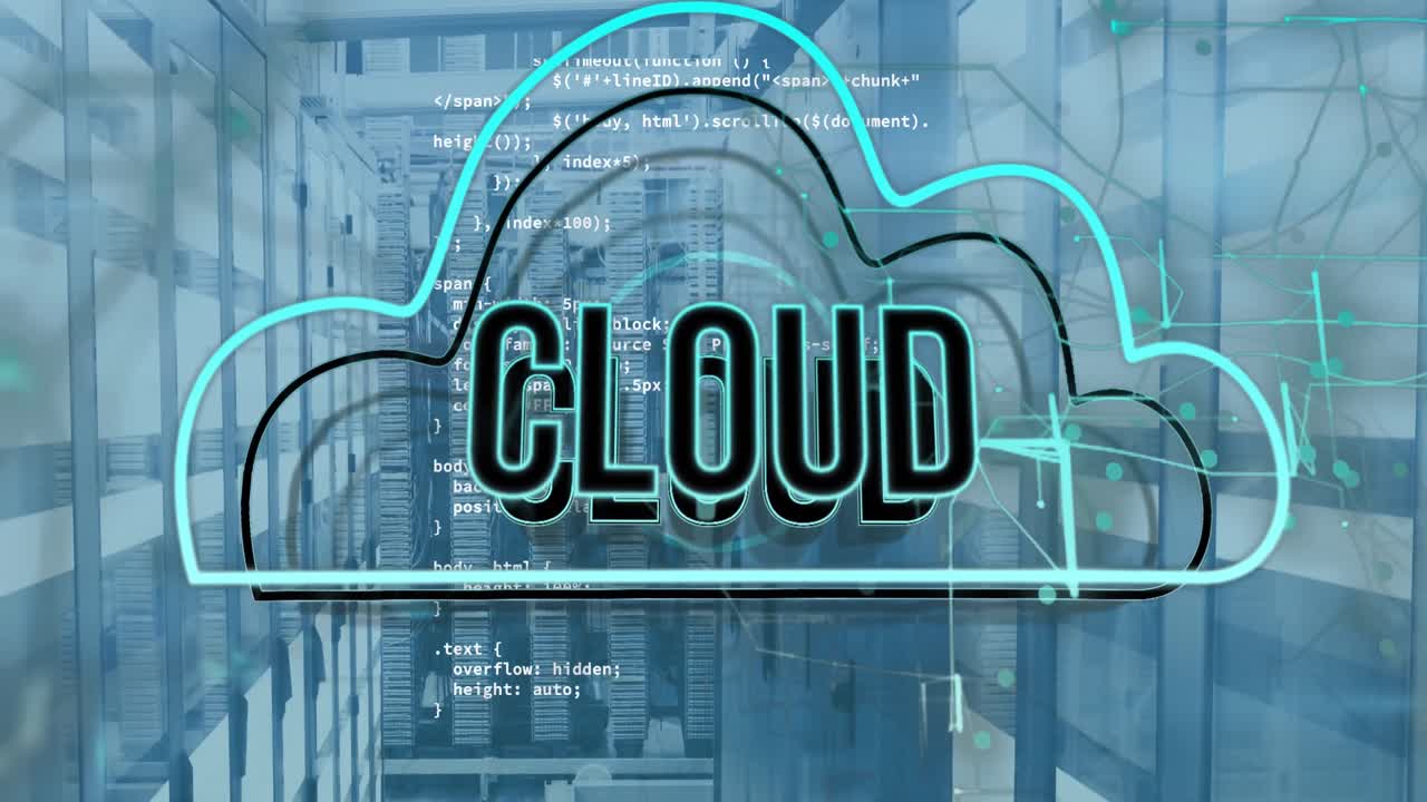 animación de banner de texto en la nube e icono sobre el procesamiento de datos contra la sala de servidor de computadora