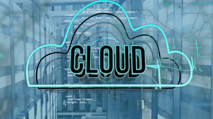 Animation of cloud text banner and icon over data processing against computer server room