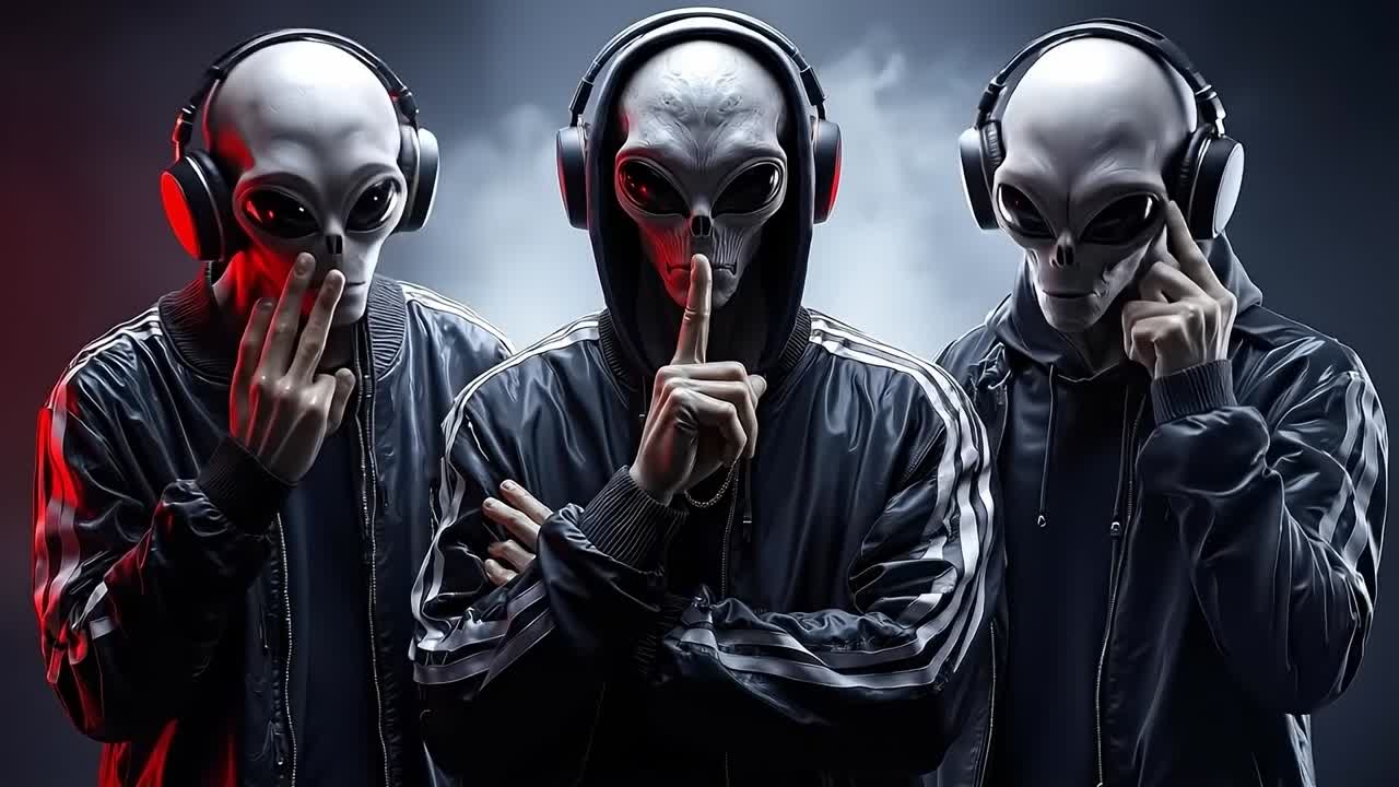 Three aliens with headphones and a finger on their lips