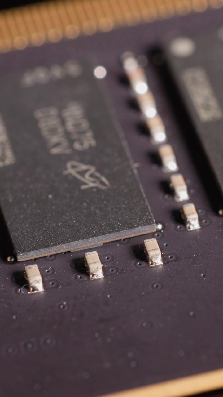 Extreme close-up panning across a computer memory module circuit board with detailed electronic components