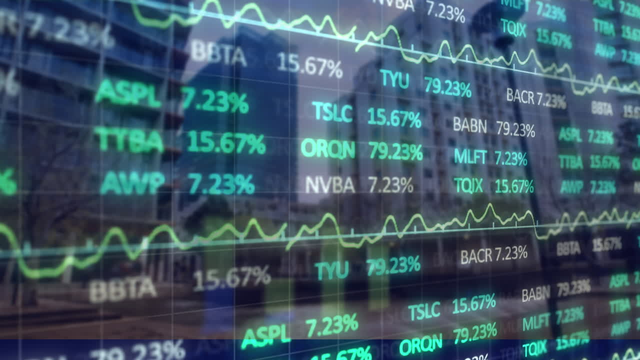 animación de datos financieros y gráficos sobre el paisaje urbano