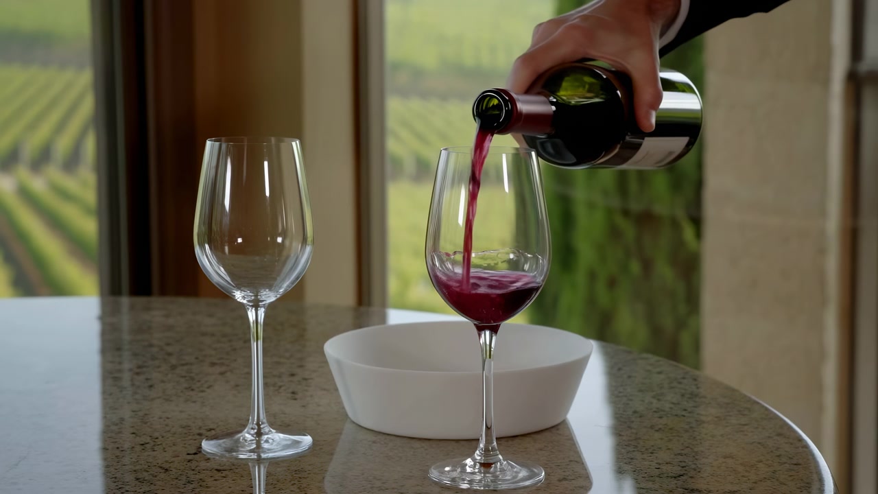 Una vista cercana captura el vino llenando un vaso gradualmente mientras una mano inclina una botella sobre la mesa, con superficies reflectantes, luz diurna suave y una composición de comedor tranquila visible a través del fondo de una ventana.