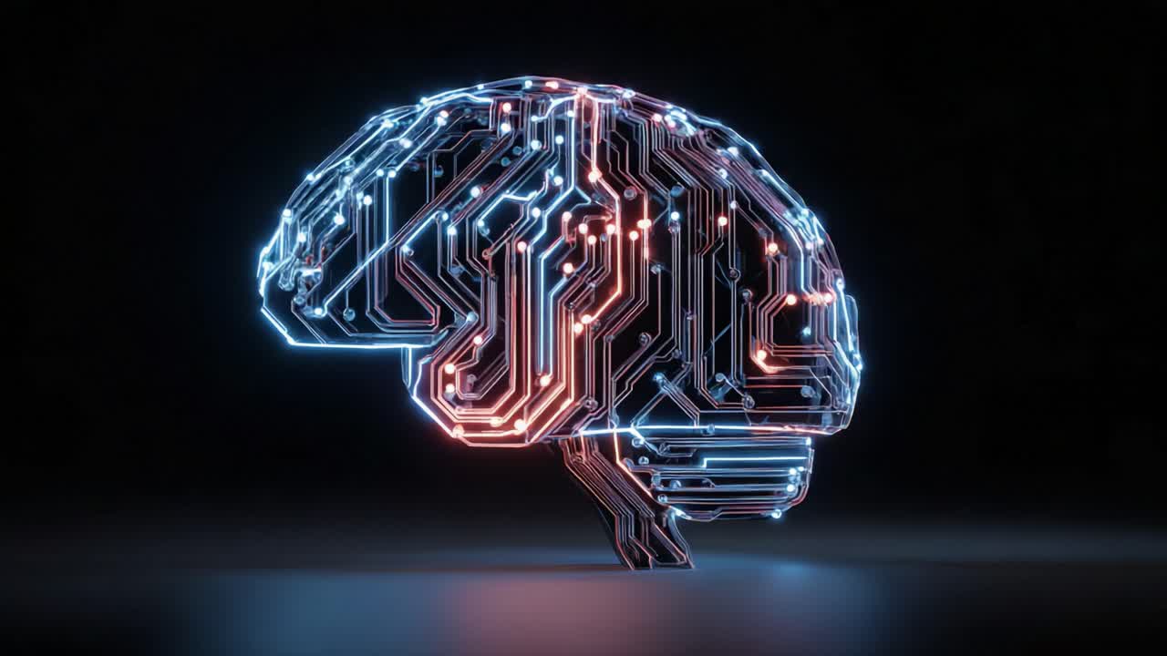 Digital brain with red and blue neon circuits pulsing across a motherboard, symbolizing AI, deep learning and futuristic technology on a dark, high tech background