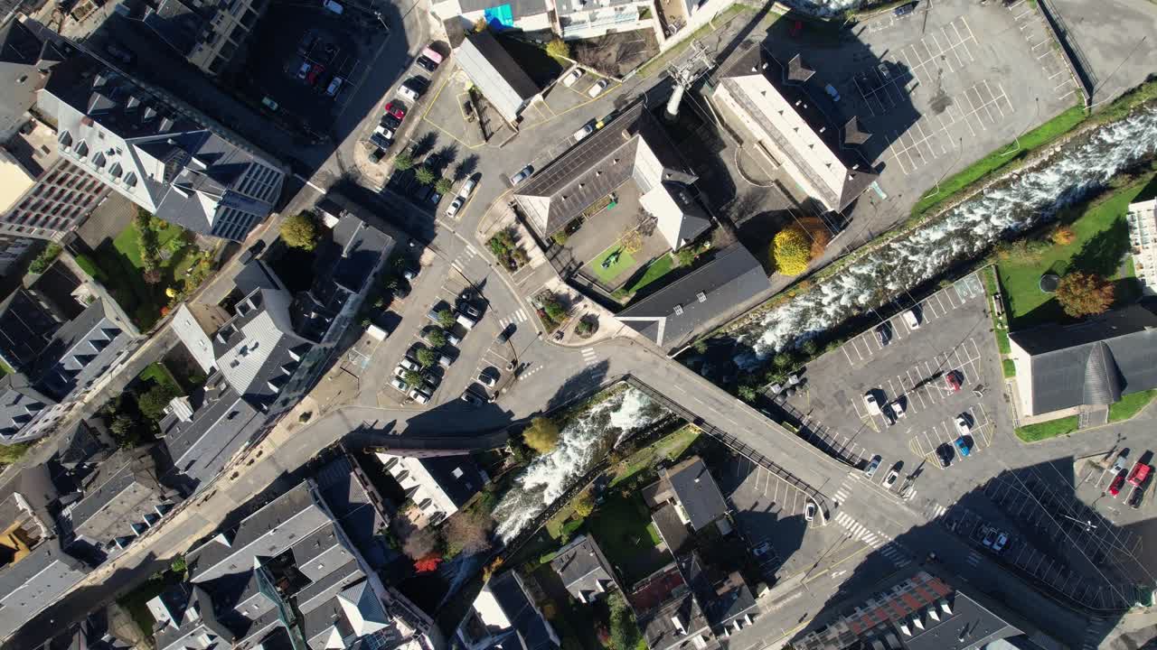 Aerial view of Cauterets, France, showcasing buildings and streets