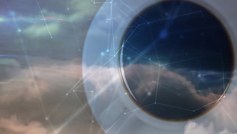 flat design circular lens floating over cloudy sky, network lines connecting nodes across frame