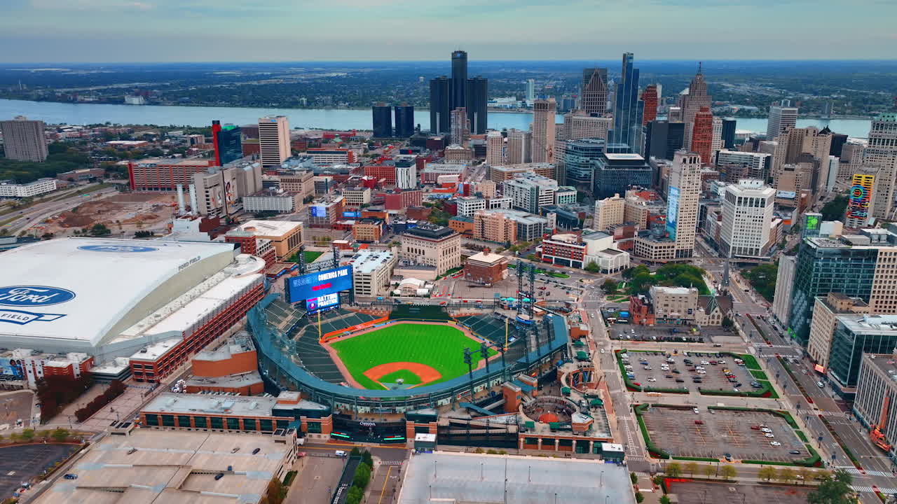 Detroit, USA, 28 July 2025: Sports life of modern Detroit, Michigan, USA. Drone flight at the Stadium and sport arena in the city downtown