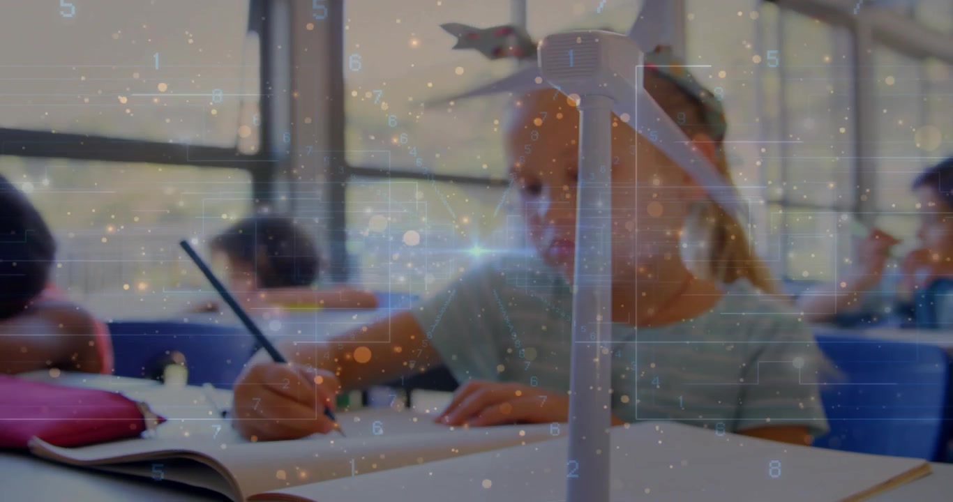 Girl glancing returning to notebook picking pencil and sketching by turbine amid classroom overlay
