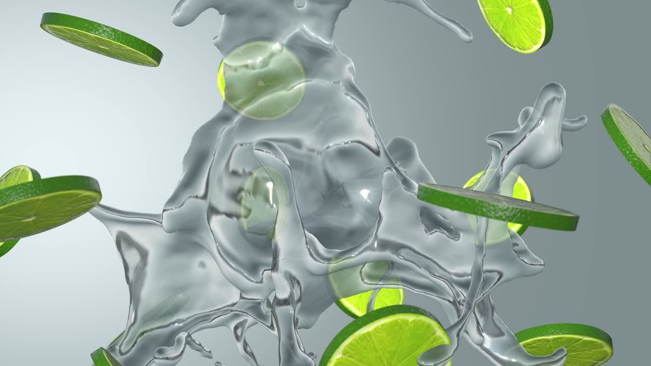 신선한 개진 석회와 공중에서 회전하는 물, 고품질의 4k 원활한 루프 (알파와 함께)