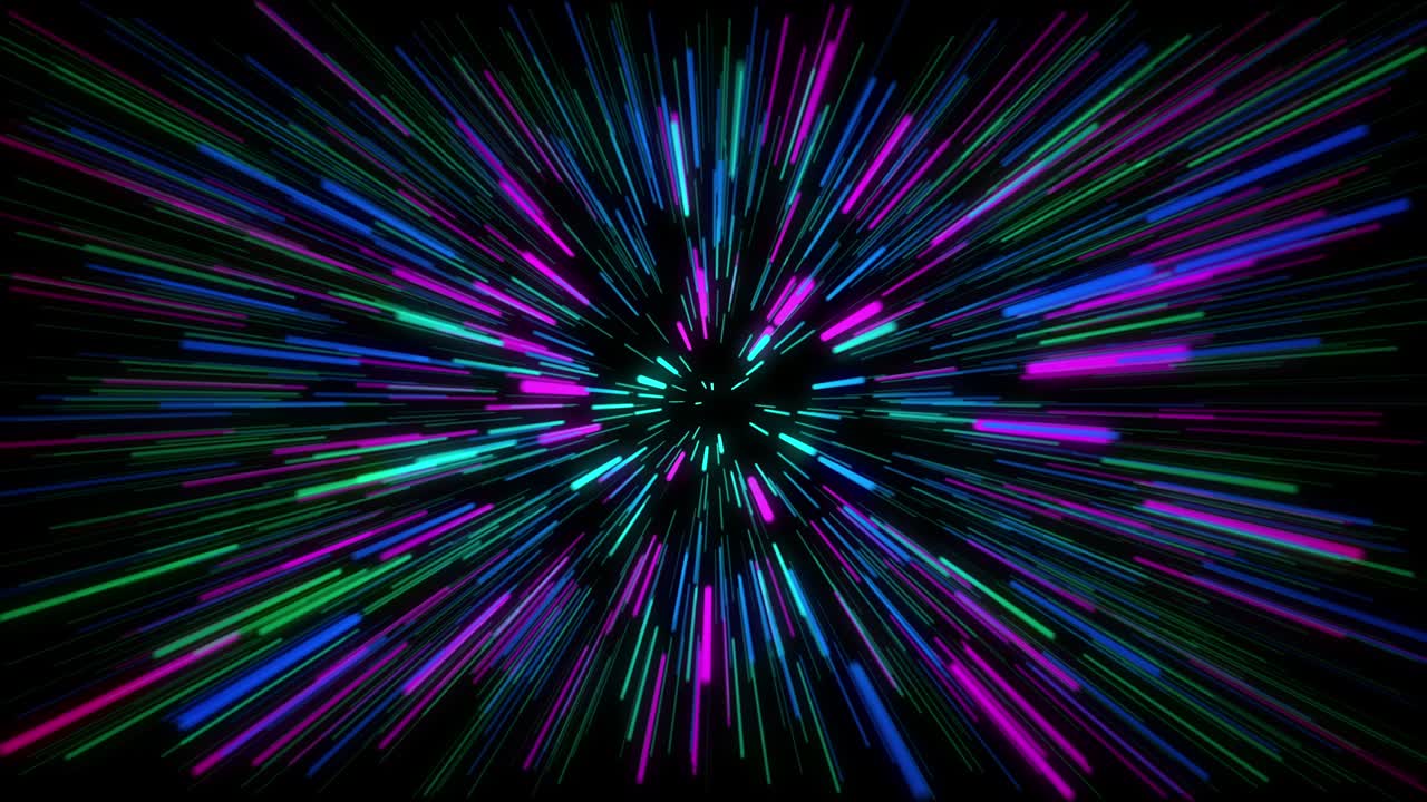 Hyper jump into another galaxy. Speed of light, multicolored glowing rays in motion. Beautiful fireworks, colorful explosion, big bang. Falling stars. Abstract bright creative cosmic background