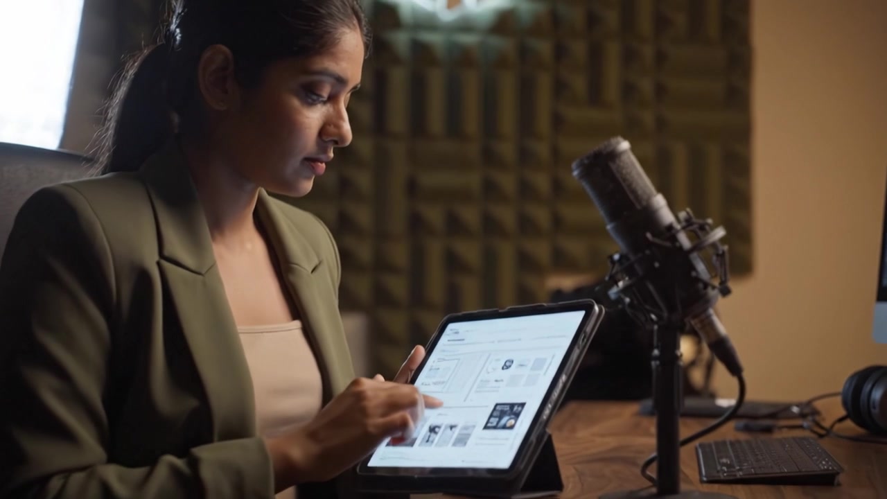 Una donna concentrata che utilizza un tablet mentre è seduta in un moderno studio di registrazione, con un microfono installato e uno sfondo coinvolgente che enfatizza la produzione audio.