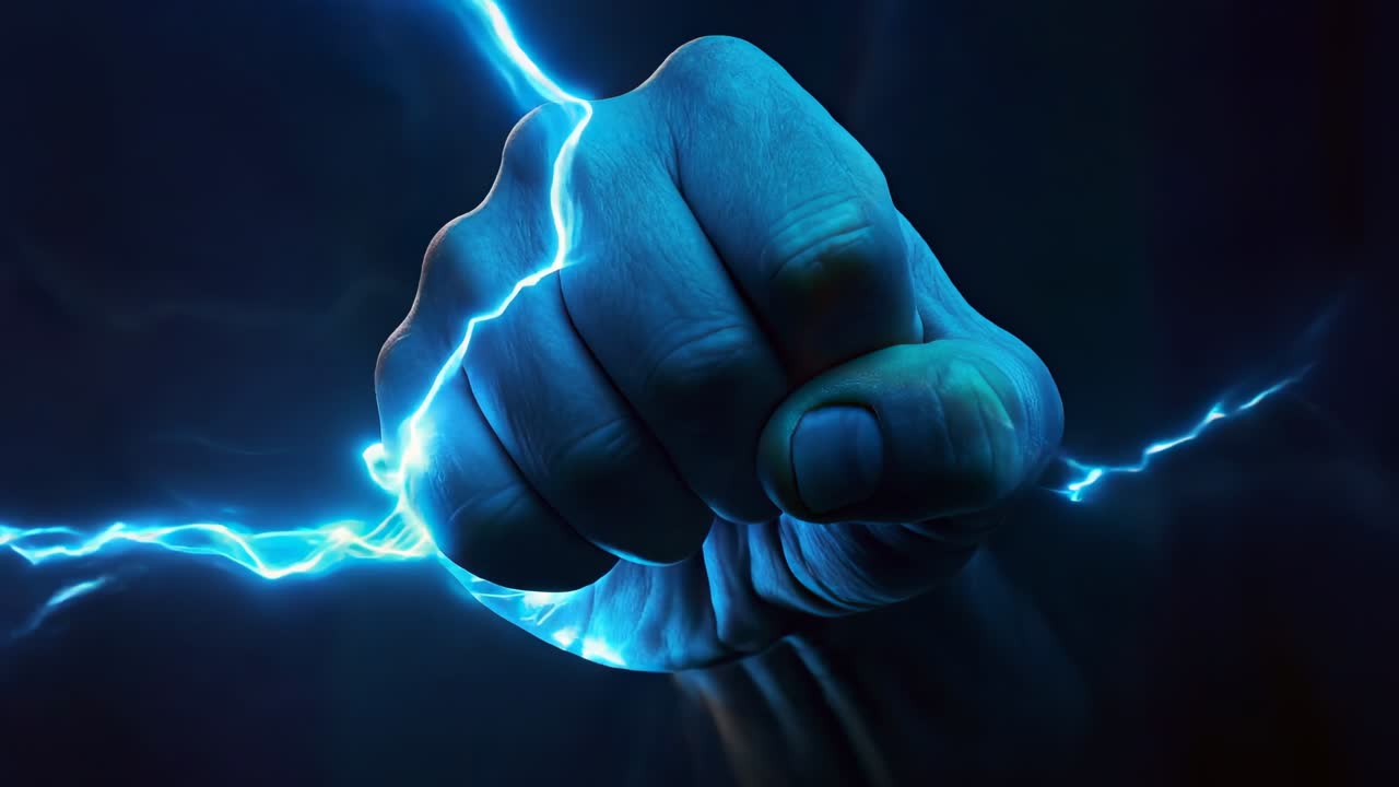 An electric power fist charged with vibrantly intense lightning energy surges with force