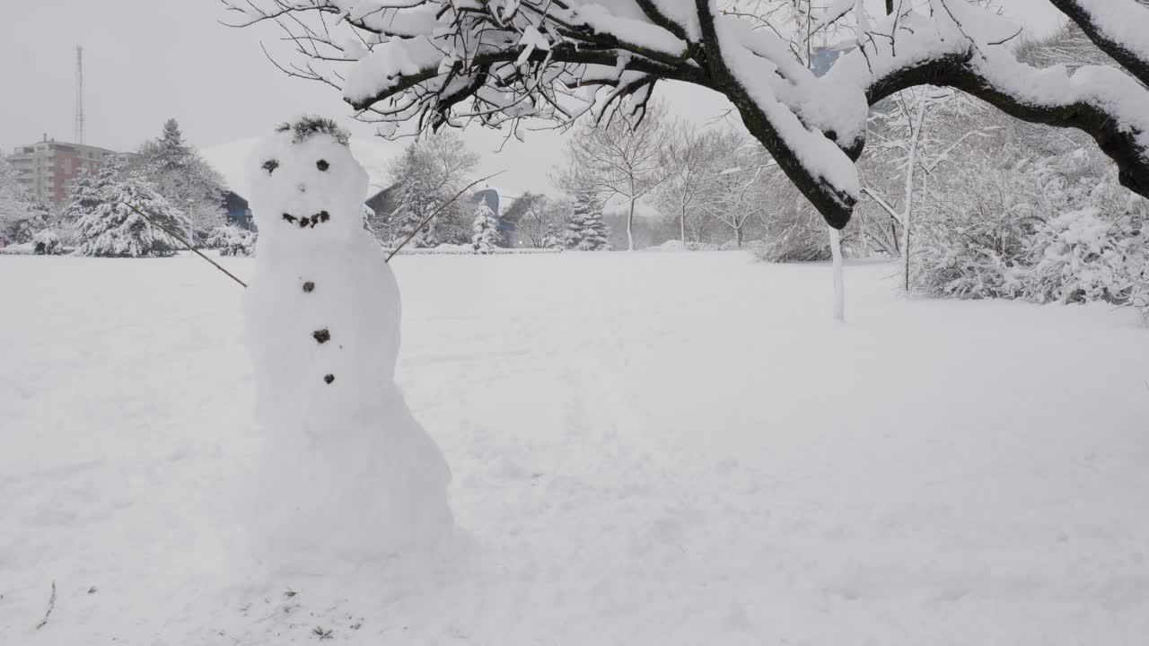 눈이 많이 내리는 날 공원에서 귀여운 스노우맨