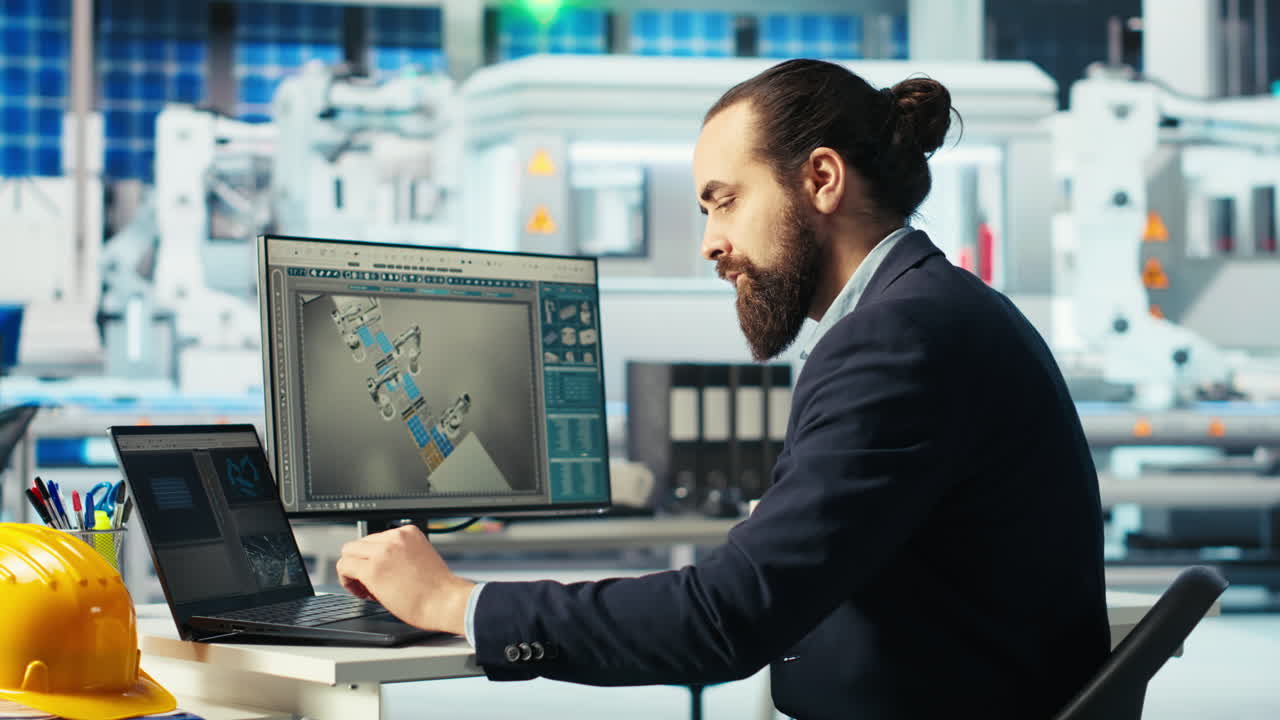 un operaio di una fabbrica fotovoltaica controlla le prestazioni del sistema, beve caffè