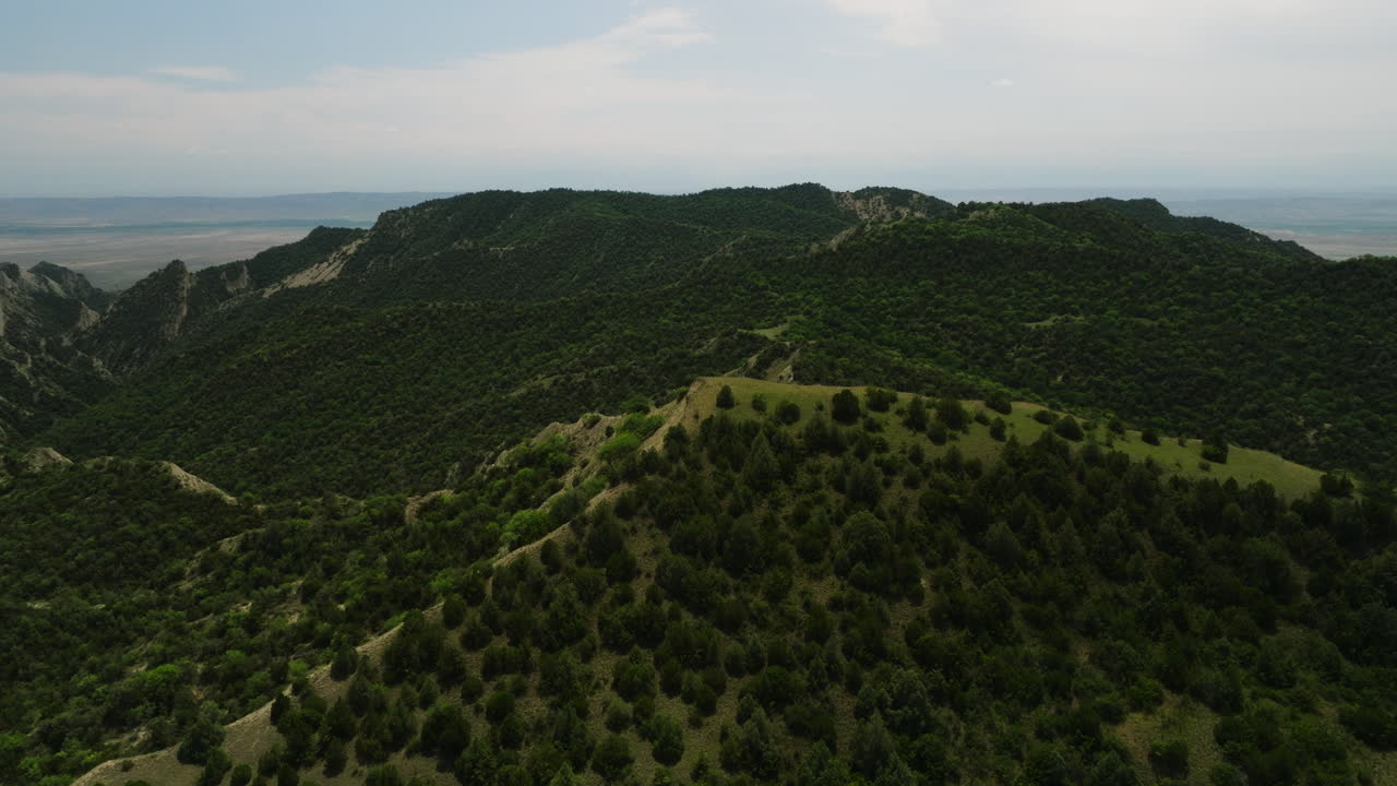 pico de la colina con vegetación arbórea en un paisaje montañoso boscoso, georgia
