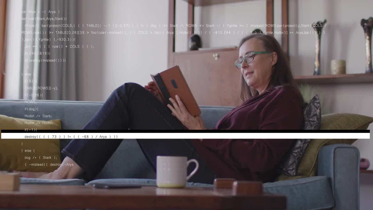 Female reader settling onto sofa with hardcover book, opening page and scanning text for education