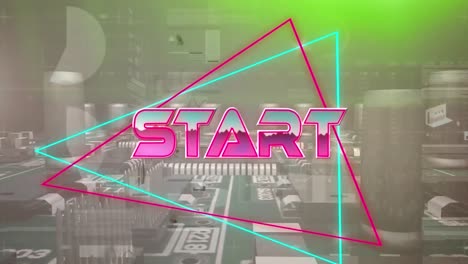animation of start text over geometrical shapes and data processing